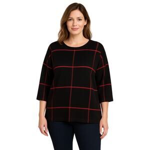Tahari Women’s 1X Sweater Black Red Windowpane Pullover Rayon 3/4 Sleeve